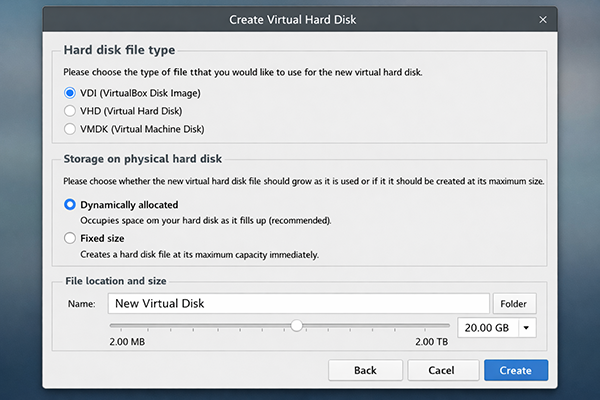 VirtualBox VDI Dinamik Disk Olusturma Ekrani