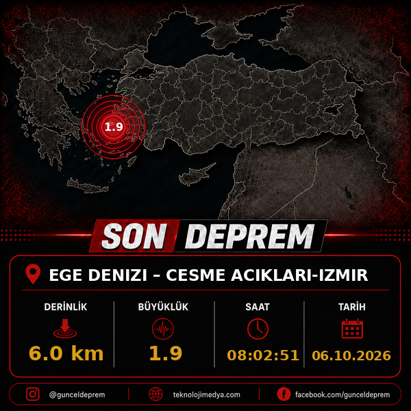 Son Depremler | CESME ACIKLARI-IZMIR (EGE DENIZI) | 06.10.2026 - 08:02 1 Son Depremler | CESME ACIKLARI-IZMIR (EGE DENIZI) | 06.10.2026 - 08:02