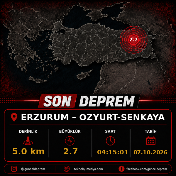 Son Depremler | OZYURT-SENKAYA (ERZURUM) | 07.10.2026 - 04:15