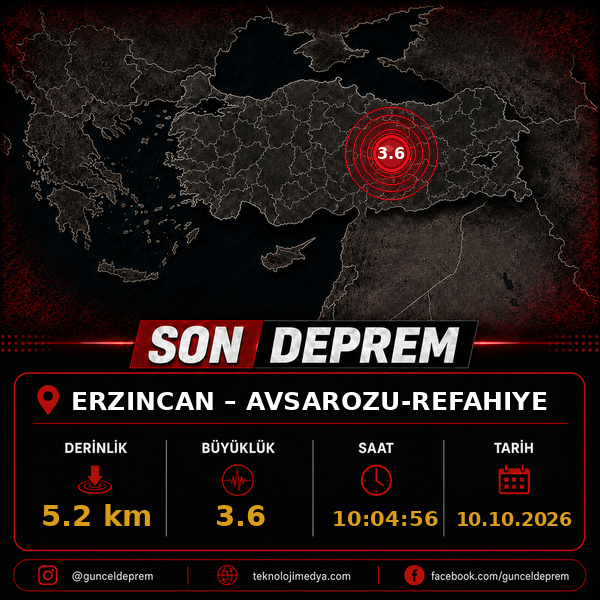 Son Depremler | AVSAROZU-REFAHIYE (ERZINCAN) | 10.10.2026 - 10:04 1 Son Depremler | AVSAROZU-REFAHIYE (ERZINCAN) | 10.10.2026 - 10:04