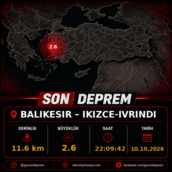 Son Depremler | IKIZCE-IVRINDI (BALIKESIR) | 10.10.2026 - 22:09 1 Son Depremler | IKIZCE-IVRINDI (BALIKESIR) | 10.10.2026 - 22:09