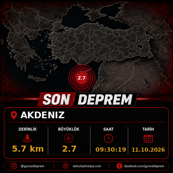 Son Depremler | AKDENIZ | 11.10.2026 - 09:30 1 Son Depremler | AKDENIZ | 11.10.2026 - 09:30
